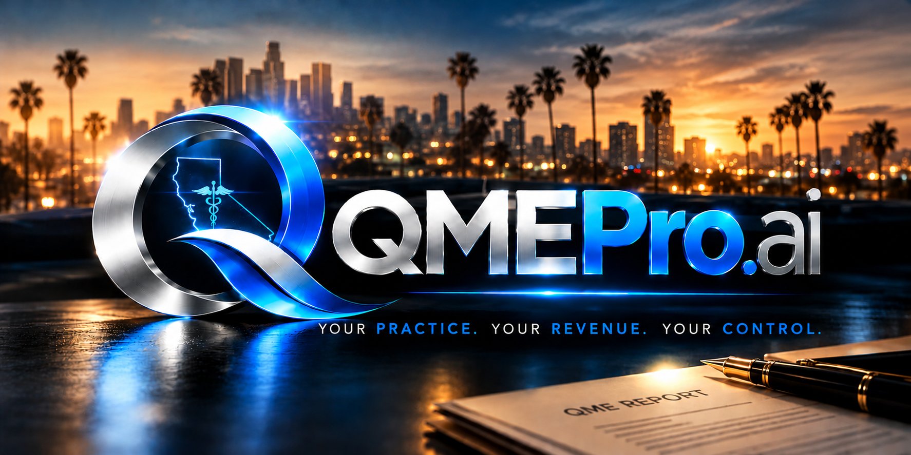 QMEPro.ai logo over the Los Angeles skyline at dusk, with a signed QME report on the desk. Your practice. Your revenue. Your control.
